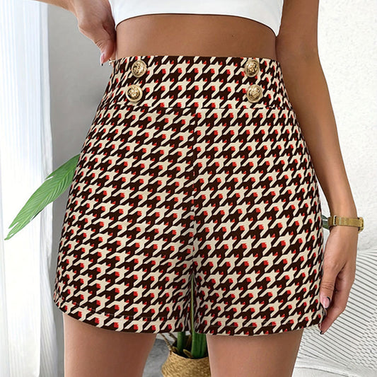 Elegant Office Printed Pleated Fastener Decoration High Waist Women Shorts Casual Pants Women Pants Fifth Pants