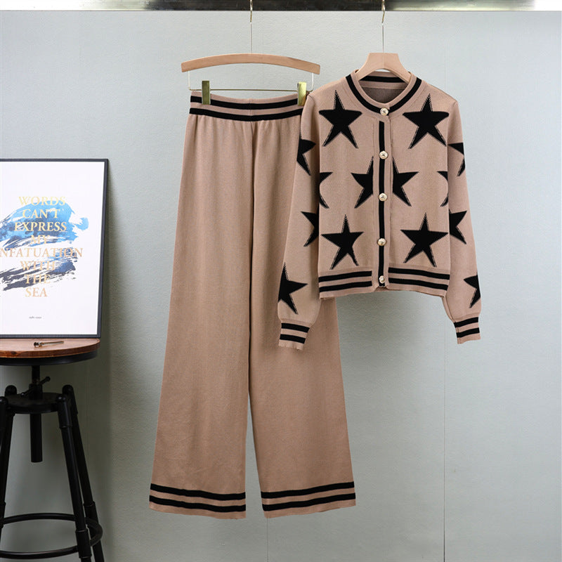 Classic Five Pointed Star Knitting Suit Women Autumn Winter Long Sleeved Cardigan Wide Leg Pants Younger Slim Fit Two Piece Sweater Tide