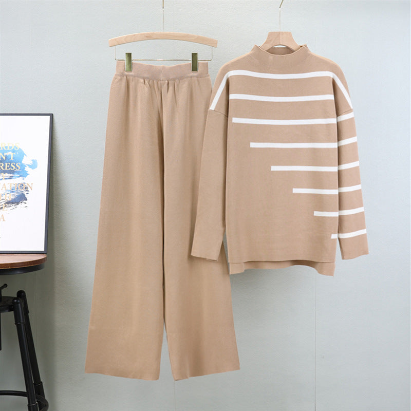 Suit Autumn Winter Casual Loose Striped Knitted Top High Waist Wide Leg Pants Two Piece Set for Women