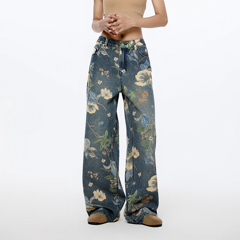 Jean large à imprimé floral pour femme, coupe ample, pantalon à deux jambes, coupe Nine One Mouth