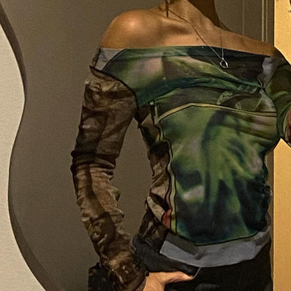 Autumn Mesh Printed off Shoulder Pullover Long Sleeve Casual Women Top