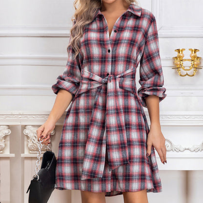 Herbst Winter Frauen Casual Shirt Plaid Einreiher Langarm Kleid