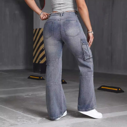 Retro High Street Multi Pocket Workwear Jeans Women Spring Summer Frayed Design Wide Trousers