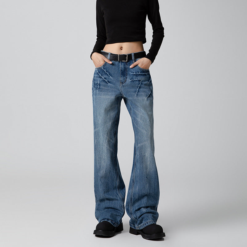 Jean droit délavé bleu délavé pour femme avec motif éclair rétro Cleanfit Lightning