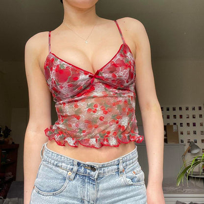 Camisole sexy en maille fleurie à imprimé cerises et col en V pour fille Dopamine, débardeur en dentelle cintrée à coupe basse