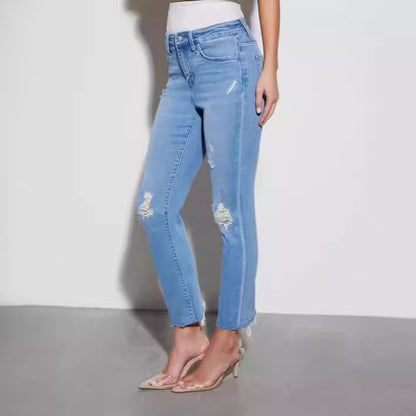 Jean slim taille haute pour femme, pantalon court extensible bleu foncé, coupe slim, printemps-automne