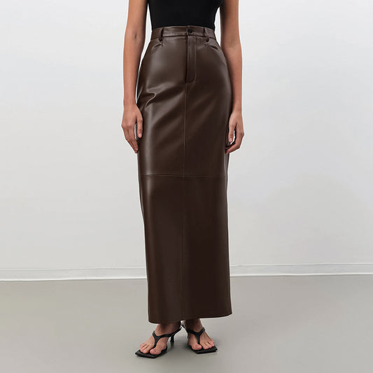 Autumn French Brown with Velvet Leather High Waist Slim Fit Straight Skirt Leather Skirt Retro Sexy Slit Skirt