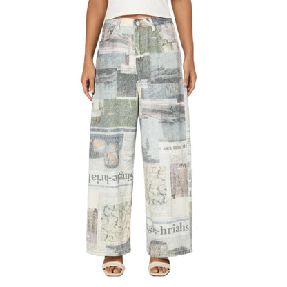 Newspaper Printing Design Wide Leg Jeans Women All Match Drooping Slimming Straight Jeans