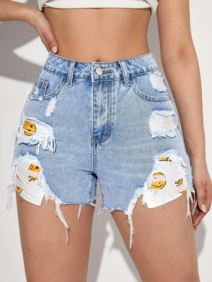 Frühling Sommer Denim Shorts Hosen Hohe Taille Raw Saum Zerrissene Koreanische Lose Beiläufige