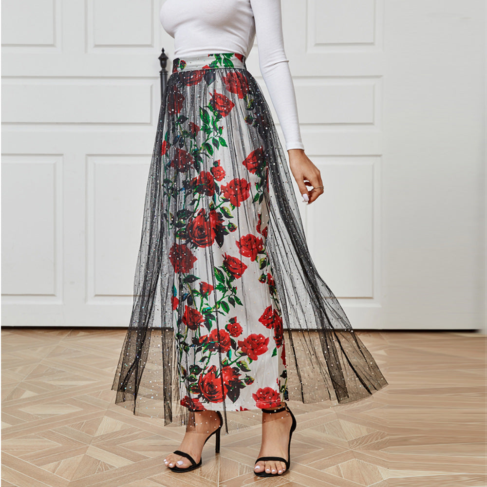 Autumn Women Clothing Elegant Casual Mesh Floral Print Skirt