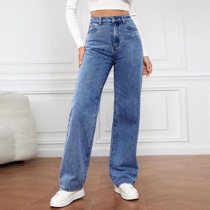 Jean taille haute délavé pour femme, pantalon long à jambe droite