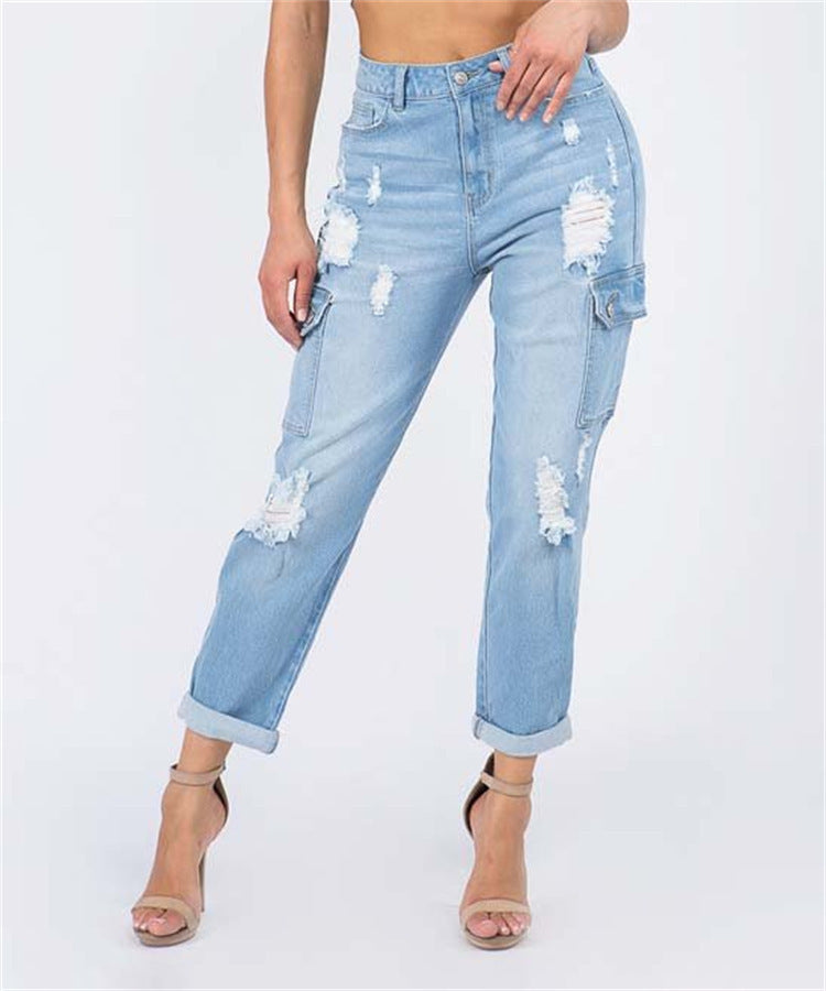 Multi Bag Jeans Women Casual Washed Ripped Straight Pants High Waist Jeans