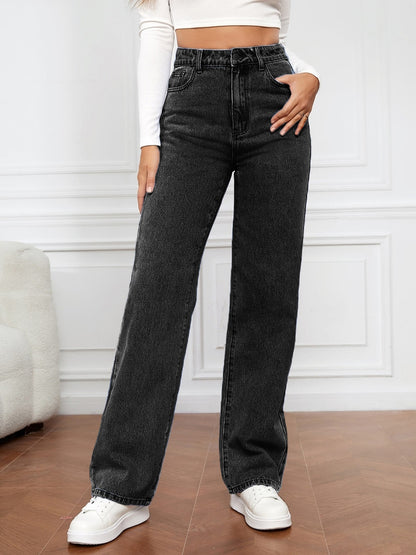 Jean taille haute délavé pour femme, pantalon long à jambe droite