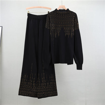 Fashionable Knitted Suit Autumn Winter Loose Heavy Embroidery Drilling Dinified Sweater Two Piece Set Women