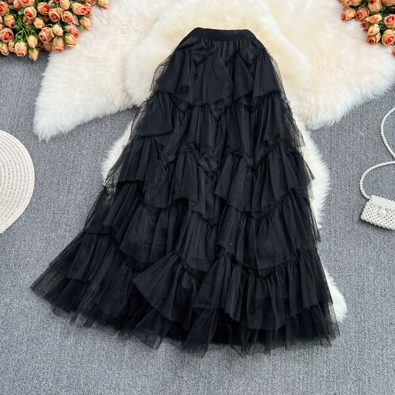 Early Spring Mesh Puffy tiered Mid-Length Elastic Waist Skirt Irregular Asymmetric Gauze Skirt Fairy Skirt