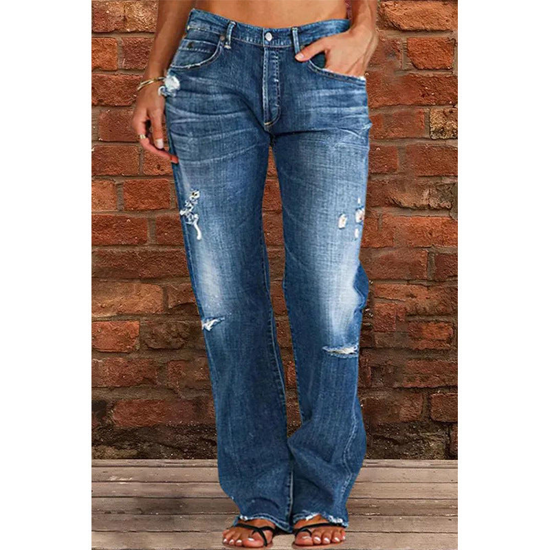 Women Denim Trousers Mid Waist Straight Leg Pants