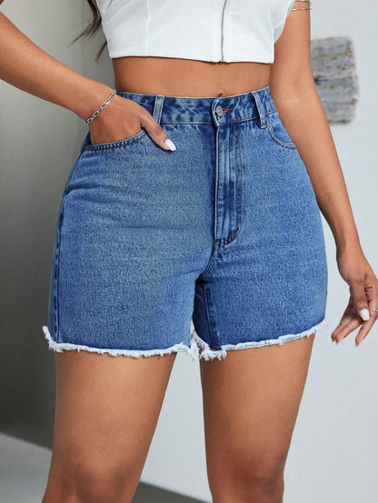 Short en jean taille haute ample et amincissant à bords bruts pour femme