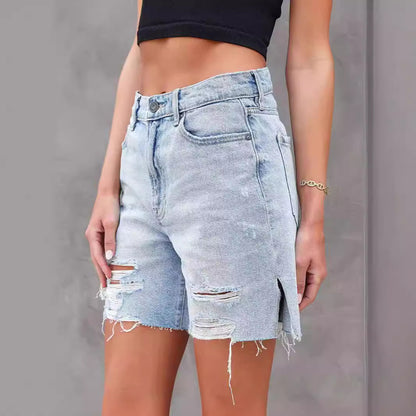 Denim Shorts Summer Street Hipster Water Washed Hole Side Slit Jeans