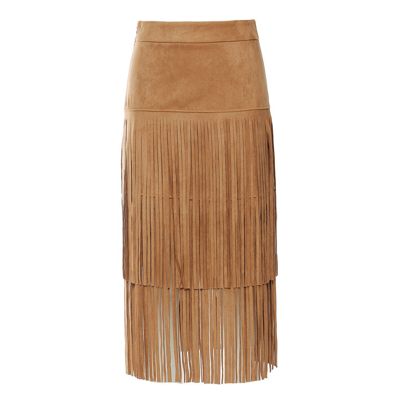 Fall Winter Cowboy Wild Domineering Heavy Industry Tassel Mid Length Skirt Women