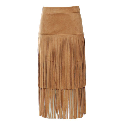 Fall Winter Cowboy Wild Domineering Heavy Industry Tassel Mid Length Skirt Women