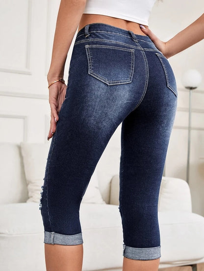 Stretch Feet Pants Mid Waist Cropped Pants Ripped Jeans Women Pants