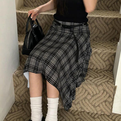 Girls College Retro Plaid Irregular Asymmetric Skirt Cute Youth Looking Low Waist Slimming Casual Midi Skirt No Belt