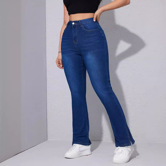 High Waist Stretch Slim Jeans mit Fußschlitz für Damen