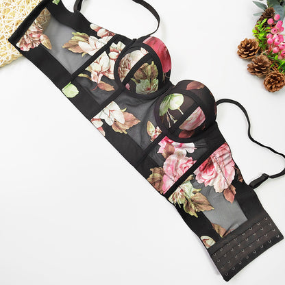 Gilet fleuri en fil de filet printemps été avec coussinet de poitrine façonnant le haut respirant de soutien de poitrine amincissant le corset désossé corset désossé corset