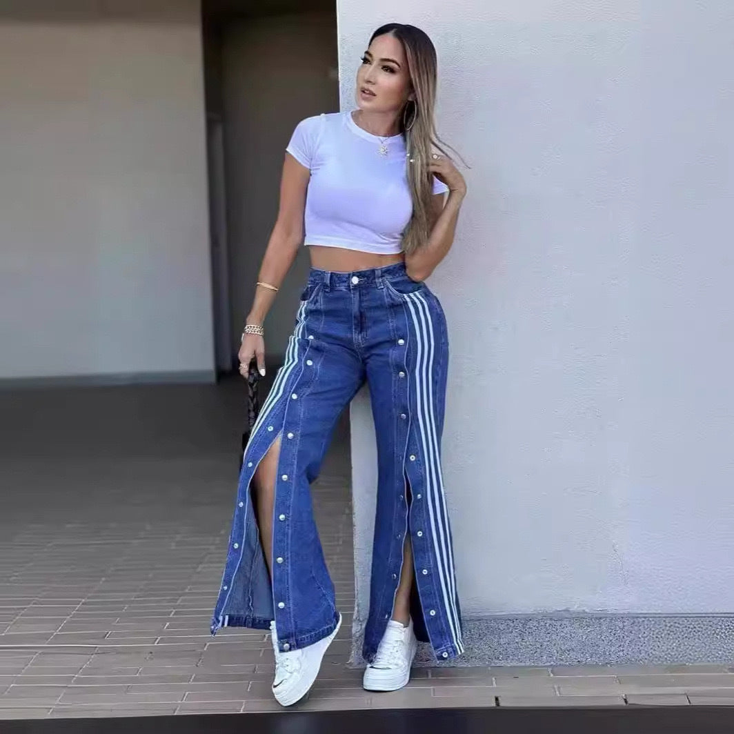 Denim mit drei Streifen, weites Bein, lockere Jeans, lässige, elastische, gerade Hose