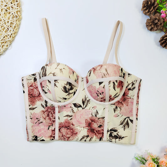 French Vintage Floral Base Tube Top Padded Anti Exposure Sports Bra Breathable Body Shaping Easy Matching Sling Outer Wear