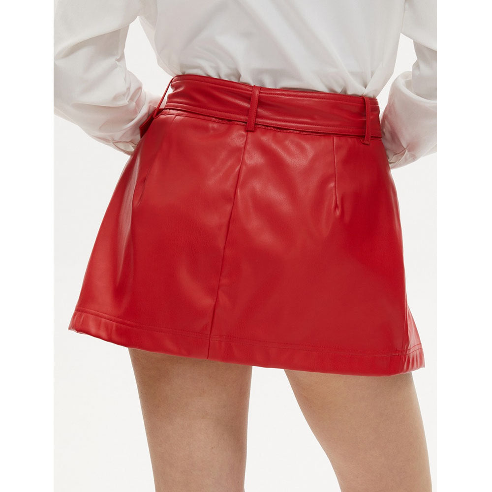 Sexy Hipster Mini Skirt Pleated Faux Leather All Match Office Metallic Belt A line Skirt