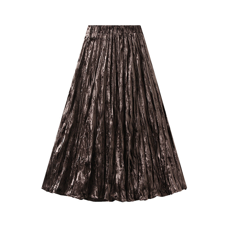 Pleated Velvet Skirt Women Autumn Winter High Waist A Line Skirt Mid Long Slim Pleated Skirt