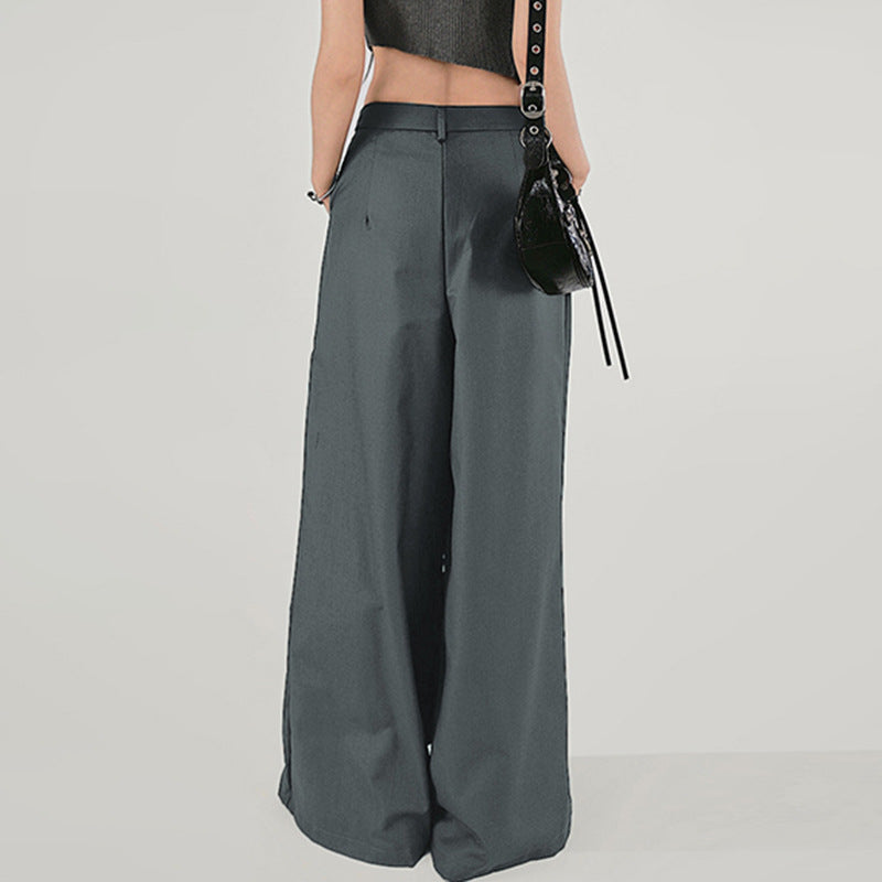 Simple Elegant Pleated Low Waist Loose Wide Leg Pants Work Pant Women Solid Color All Matching Draping Mop Casual Trousers