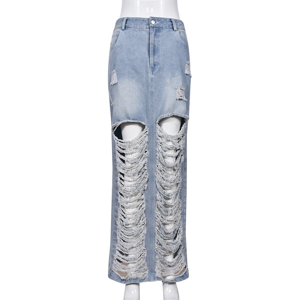 Jupe à franges fendue en denim délavé personnalisé pour femme