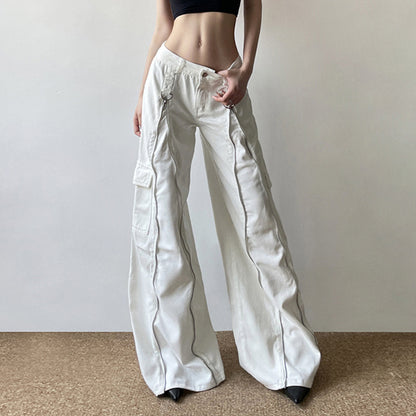 Heavy Industry Metal Zipper Split Wide Leg Jeans Women Loose Pockets Casual All Matching Mop Pants