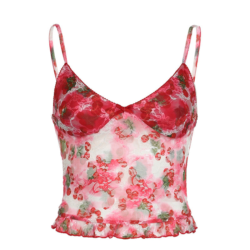 Camisole sexy en maille fleurie à imprimé cerises et col en V pour fille Dopamine, débardeur en dentelle cintrée à coupe basse