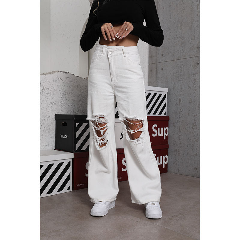 Spring White Denim Women Casual Jeans Loose Street Ripped Denim Trousers Women