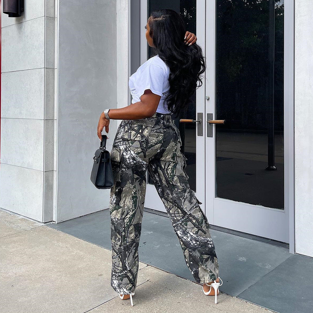 Vêtements pour femmes automne camouflage sexy ample décontracté pantalon à poche zippée