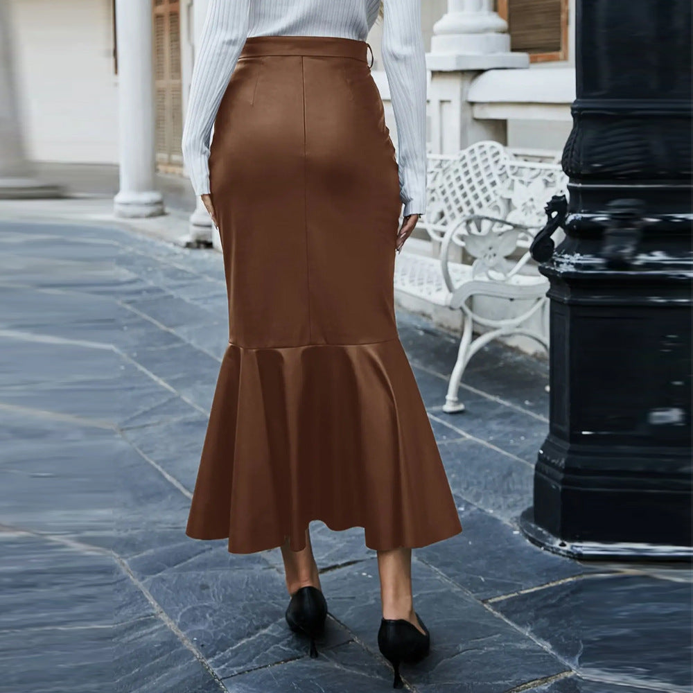 Autumn Winter Women' Faux Leather High Waist Half Fishtail Skirt with Belt