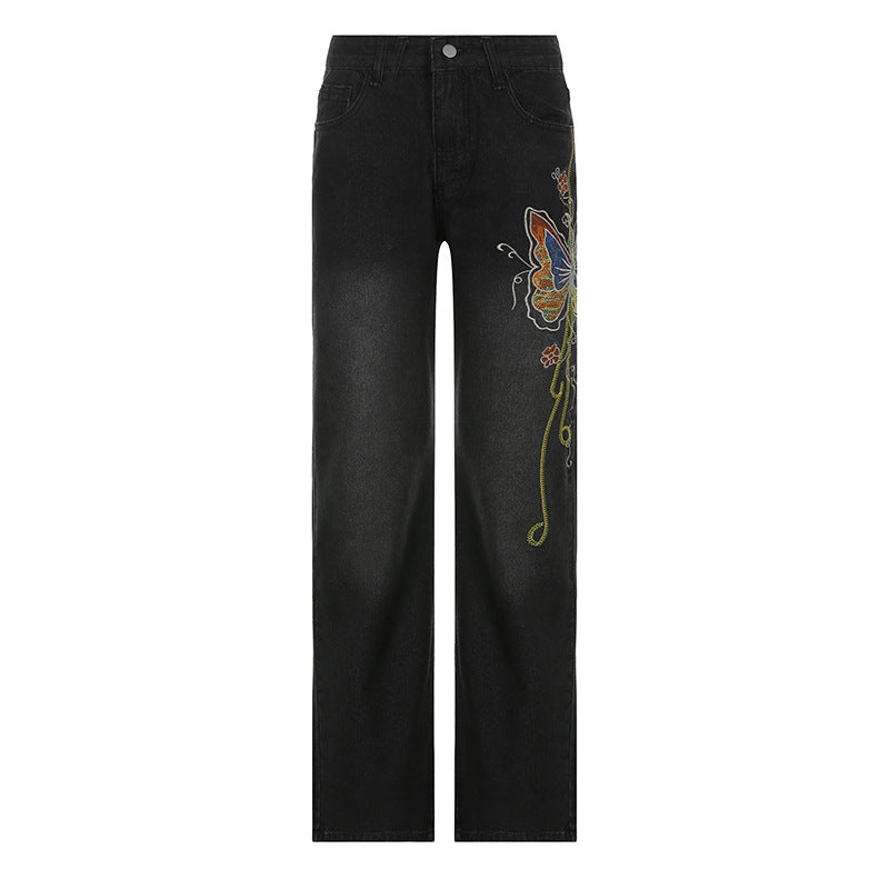 Retro Distressed Butterfly Embroidered Jeans Women Autumn Winter Sexy Low Waist Mopping Floor Straight Leg Trousers