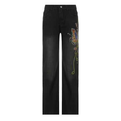 Retro Distressed Butterfly Embroidered Jeans Women Autumn Winter Sexy Low Waist Mopping Floor Straight Leg Trousers