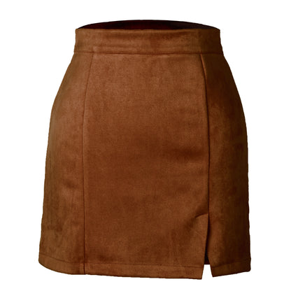 Women Clothing Suede Hip Skirt High Waist Zipper Autumn Winter A line Solid Skirt Women