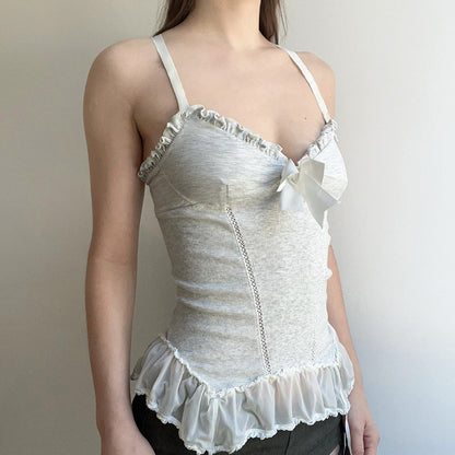 Sexy Low Cut V neck Pleated Lace Bow Suspenders Girl Slim Fit Waist-Tight Pure Mesh Vest