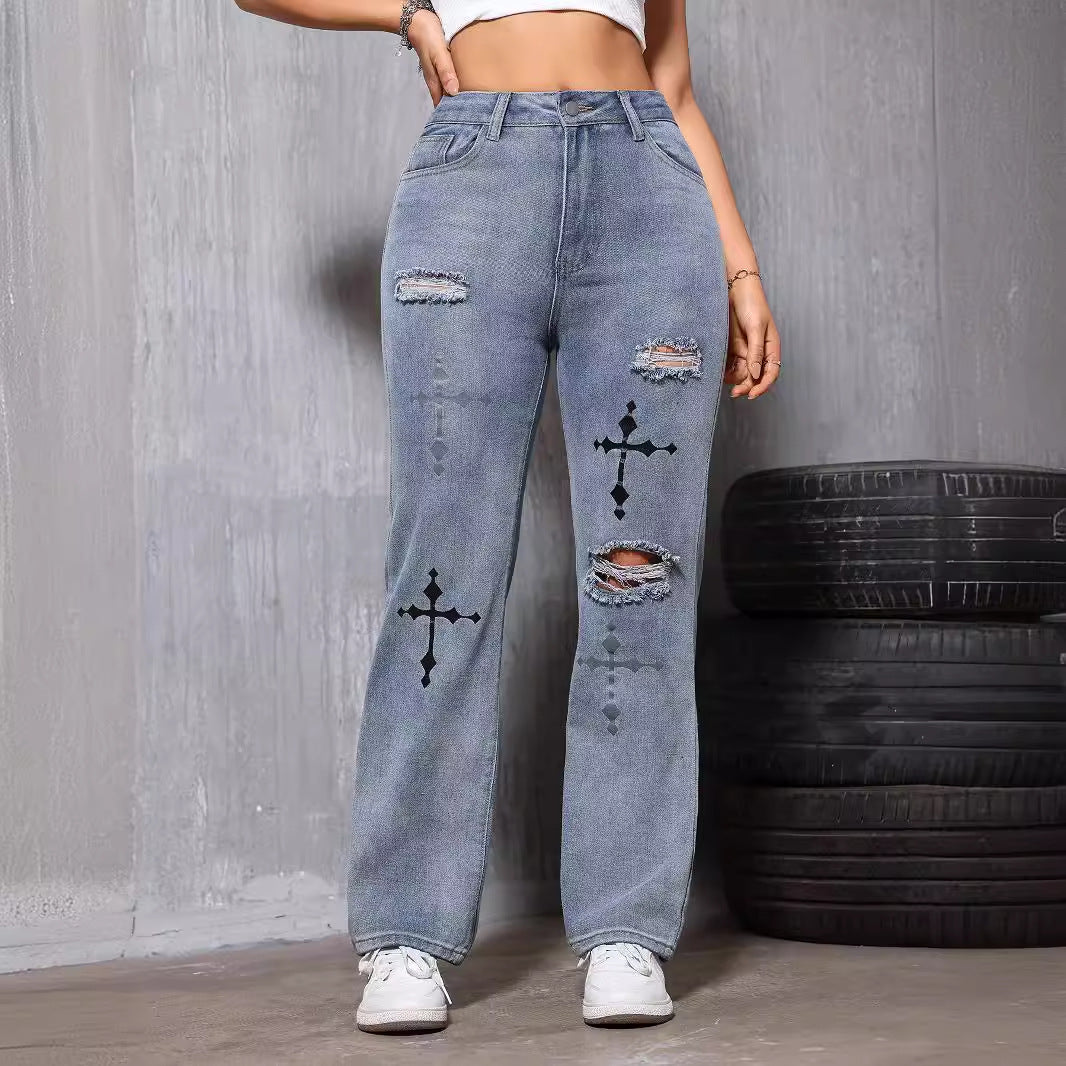 Retro Distressed Blue Straight Leg Denim Women Trousers Printed Ripped Street Fashionable Summer