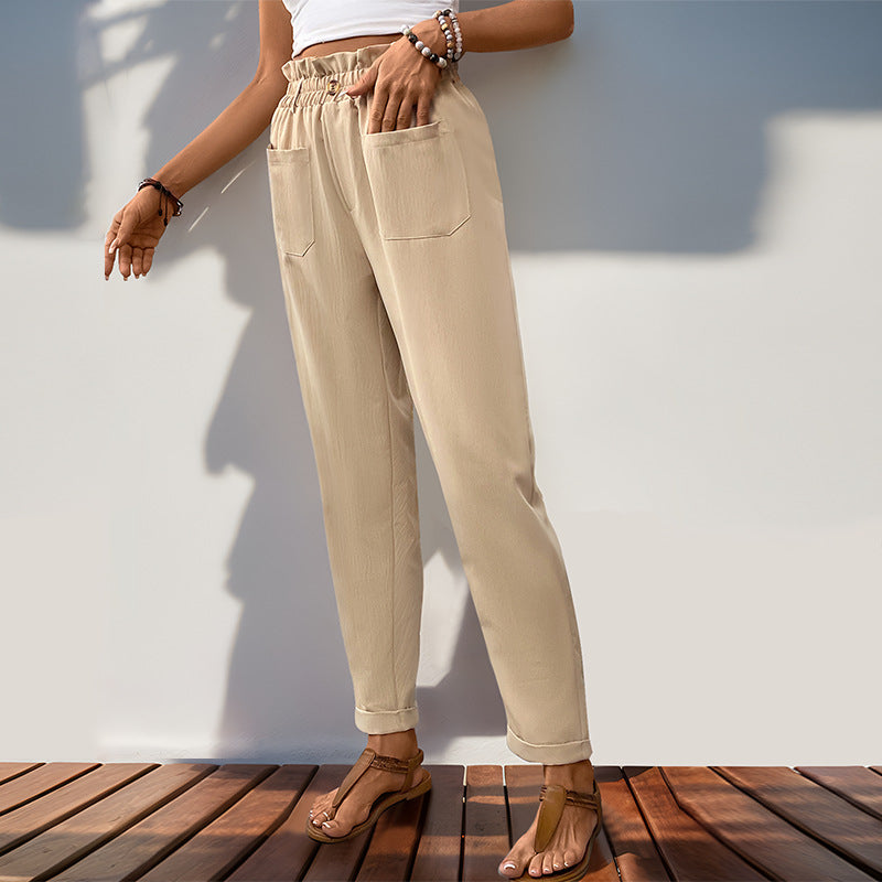 Pantalon fuselé décontracté taille haute pour femme, couleur unie, été