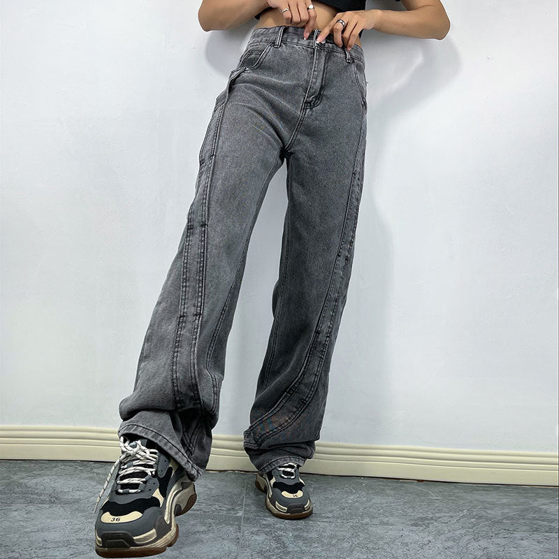 Retro Sexy Straight Loose Jeans Women Autumn Special Design Stitching Wide Leg Trousers