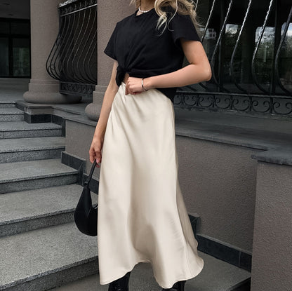 Autumn Imitation Acetate Satin A Swing High Waist Skirt Women Commuting Wear Long Skirt