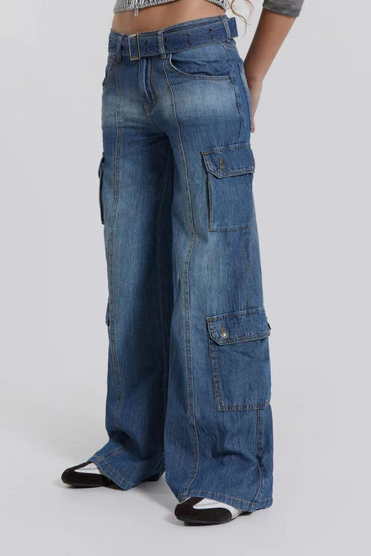 Multi Bag Jeans Women Street Overalls Loose Washed out Spleen Bag Jeans