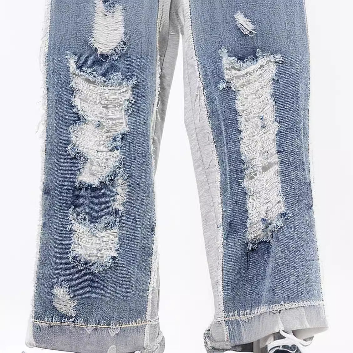 Retro Design High Waist Retro Hand Frayed Stitching Jeans False Two Piece Patchwork Straight Leg Trousers