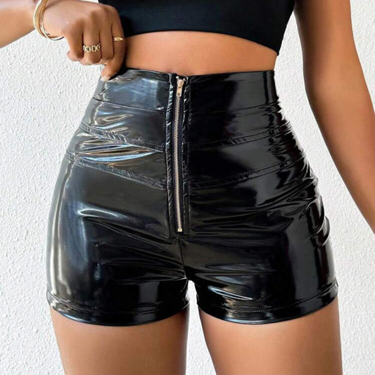 Fall Women Clothing Faux Leather Mirror High Waist Elastic Stitching Metal Zipper Shorts